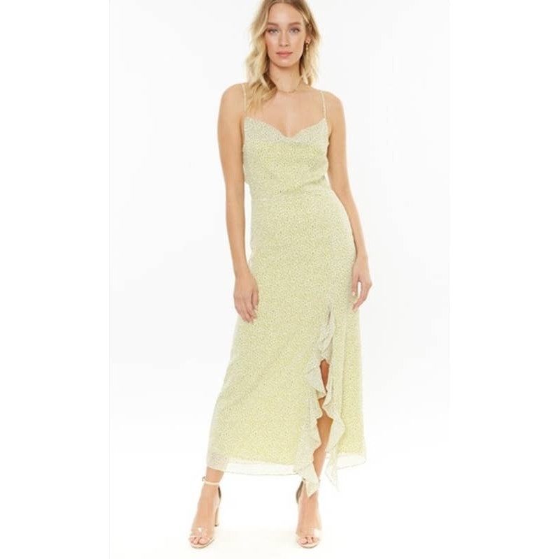 4si3nna Farrah Yellow Floral Spaghetti Strap Ruffle Slit Summer Midi Dress M